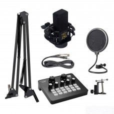 Broadcasting Studio Recording Microphone Condenser Set with External Sound Card, Mic Windscreen, Shock Mount, Adjustable Suspension Scissor Arm Stand, Mounting Clamp